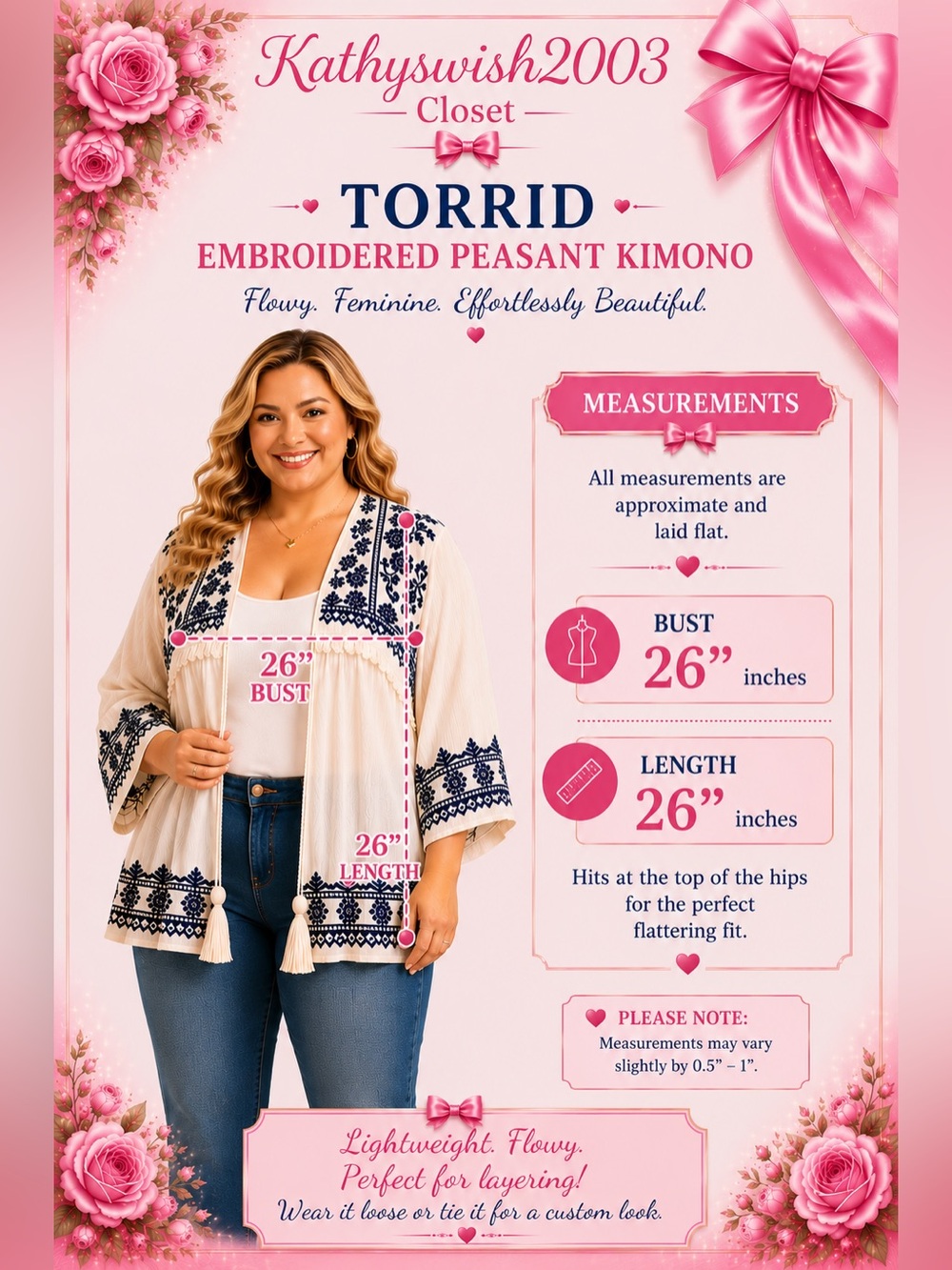torrid White Peasant Kimono with Navy Embroidery - Picture 4 of 16